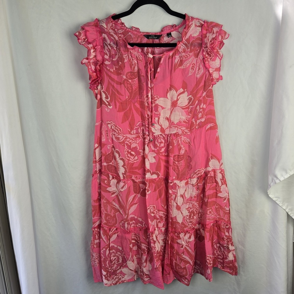 Mlle Gabrielle Pink Floral Dress Womens Small Tiered Flutter Sleeve Knee Length